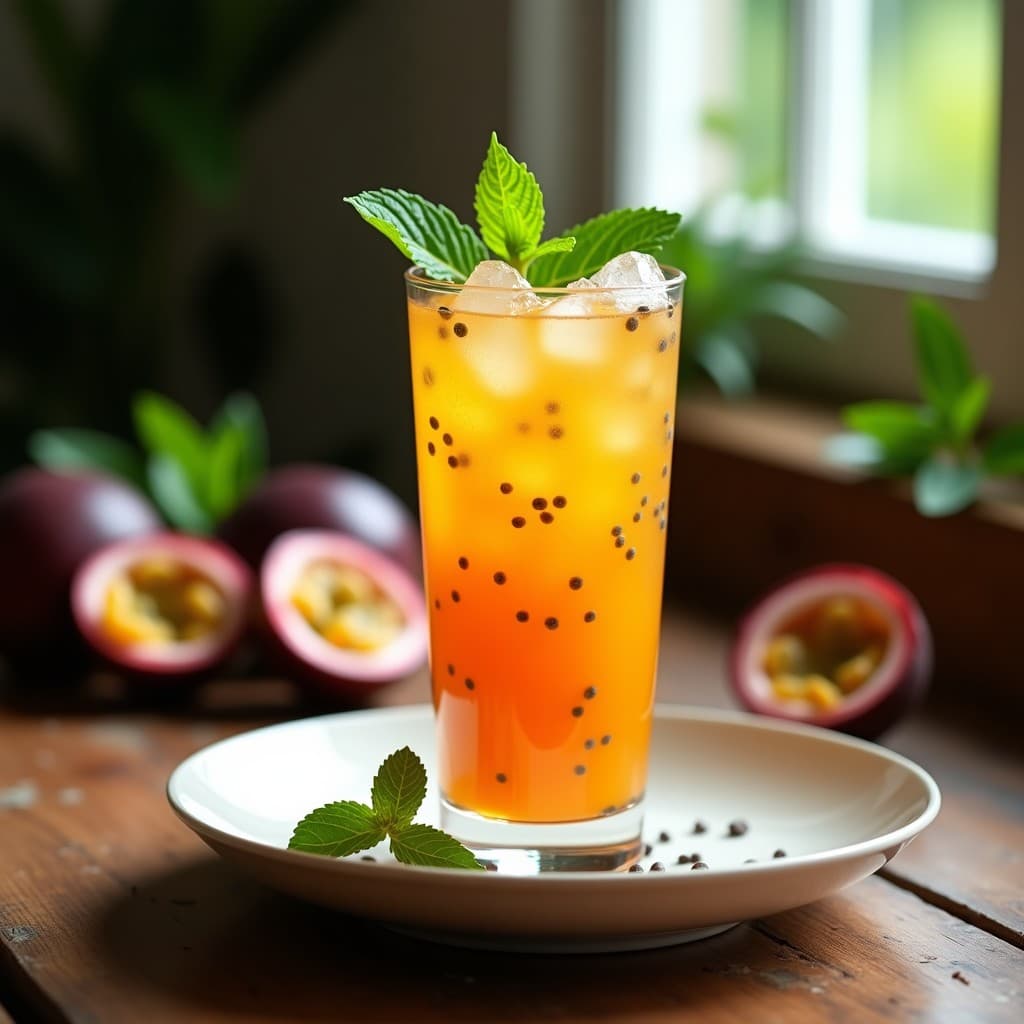 Vaso alto de cristal con bebida de tamarindo y maracuyá con chía, de color ámbar intenso con semillas de chía suspendidas, decorado con hojas de hierbabuena y hielo picado, sobre una mesa rústica con fondo de hojas tropicales y frutas exóticas.