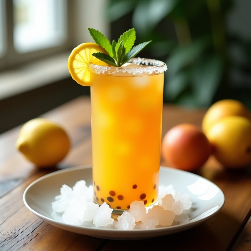 Vaso alto transparente con bebida de té de mango y lichi sin azúcar, decorado con hojas de menta y rodajas de limón, sobre fondo de madera rústica con hielo picado y trozos de fruta visible.