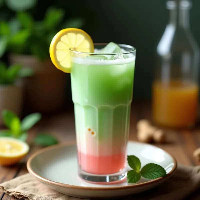 Vaso alto transparente con bebida de té verde y jengibre, capas de espuma floral de agua de rosa, hielo y rodaja de limón al borde, fondo difuminado con hojas de menta.