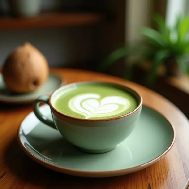 Vaso alto transparente con latte de té verde matcha y leche de coco en capas degradadas verde esmeralda y blanco, espolvoreado con semillas de chía, servido con cañita de bambú sobre fondo claro.