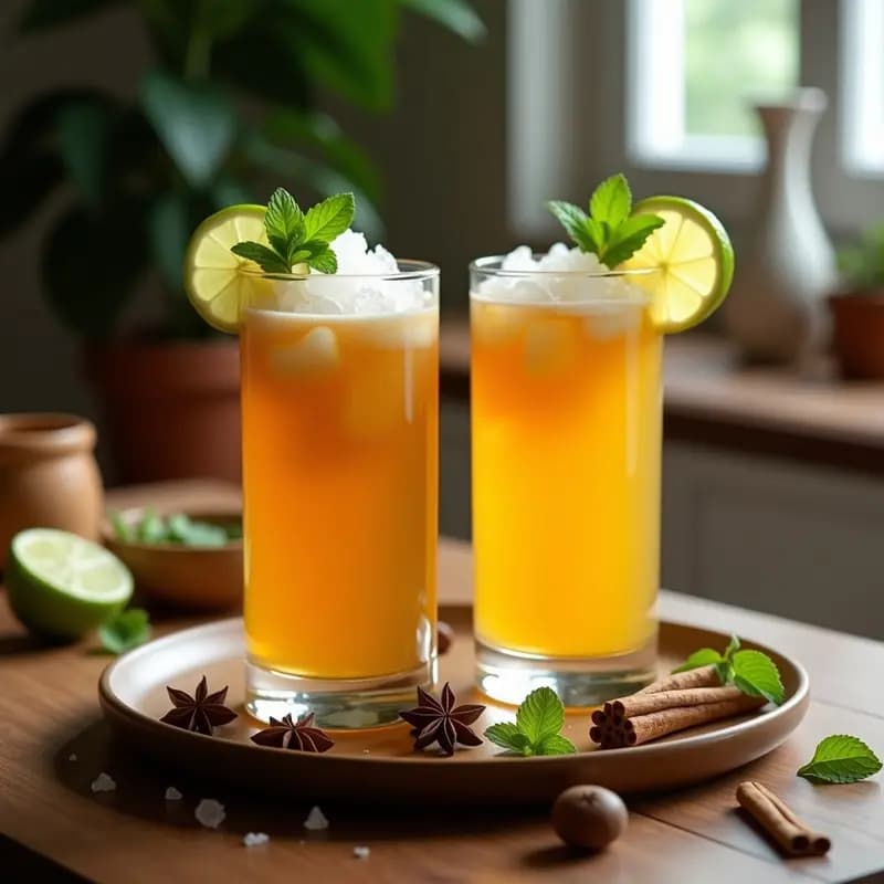 Vasos altos transparentes con bebida de té chai dorado y leche de tigre amarillenta, decorados con hojas de menta y rodajas de limón verde sobre hielo picado. Fondo con especias enteras como canela, cardamomo y anís estrellado.