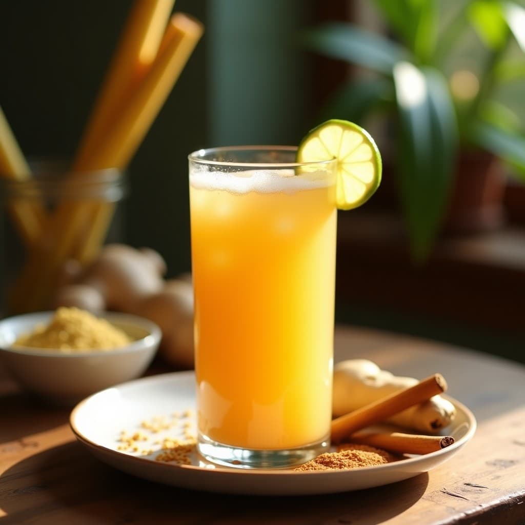 Vaso alto transparente con bebida de trapiche y jengibre, color ámbar dorado, espumosa y fresca, decorada con rodaja de limón y una pizca de canela en polvo. Fondo borroso con ingredientes como caña de azúcar, jengibre fresco y semillas de linaza dorada.