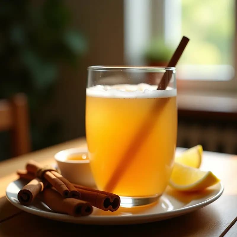 Vaso transparente con bebida dorada de vinagre de manzana, miel y canela, servida en una mesa rústica con una ramita de canela y una rodaja de limón al lado, iluminación natural.