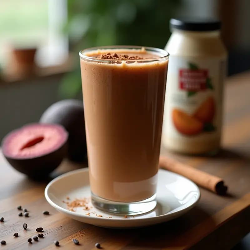 Vaso alto transparente con smoothie espeso de color marrón oscuro, decorado con una pizca de canela en polvo y semillas de chía hidratadas en la superficie. Fondo rústico con ingredientes como una lata de zapote negro, un bote de leche de almendras y una ramita de canela.