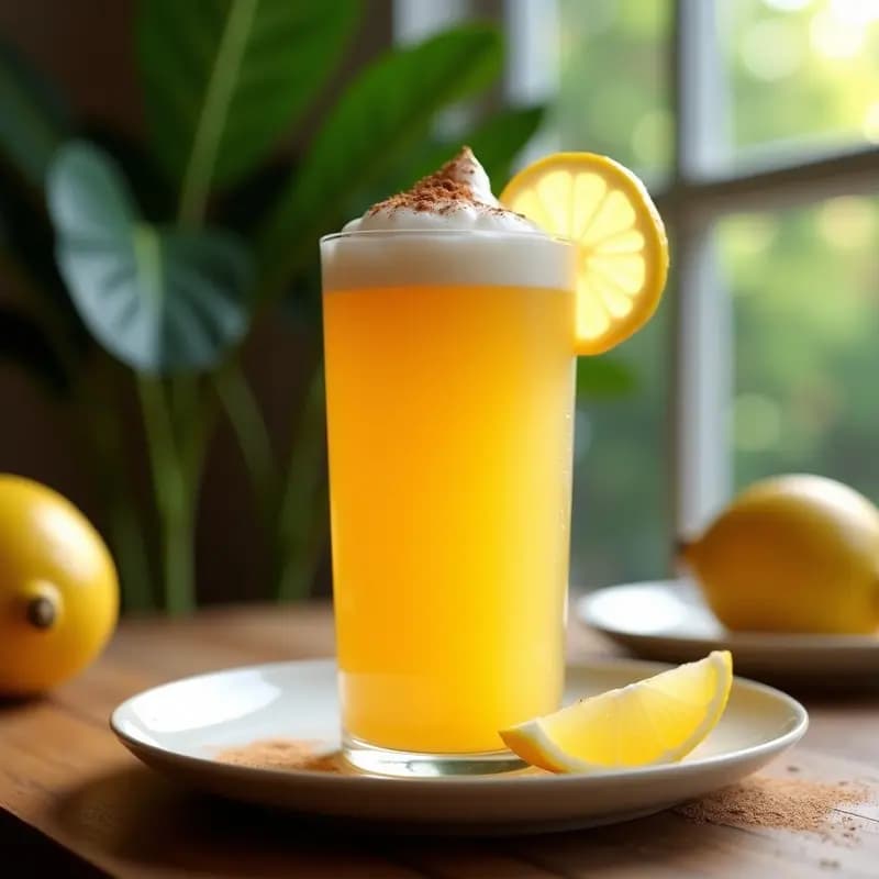Vaso alto transparente con bebida de zarzaparrilla y limón de color ámbar, coronado por una espuma cremosa de guanábana. Rodaja de limón y pizca de canela como decoración. Fondo fresco y natural.