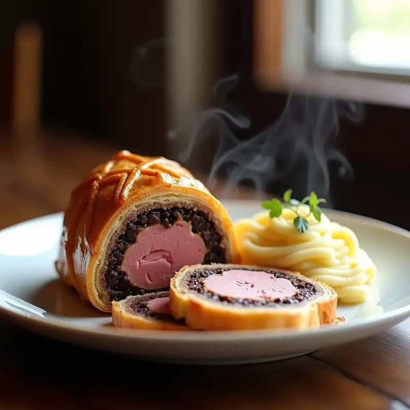 Beef Wellington con champiñones y paté rebanado en porciones gruesas, mostrando el solomillo jugoso, el duit de champiñones oscuro y la capa dorada de hojaldre. Plato de lujo británico servido en fuente de porcelana blanca con acompañamiento de puré trufado.