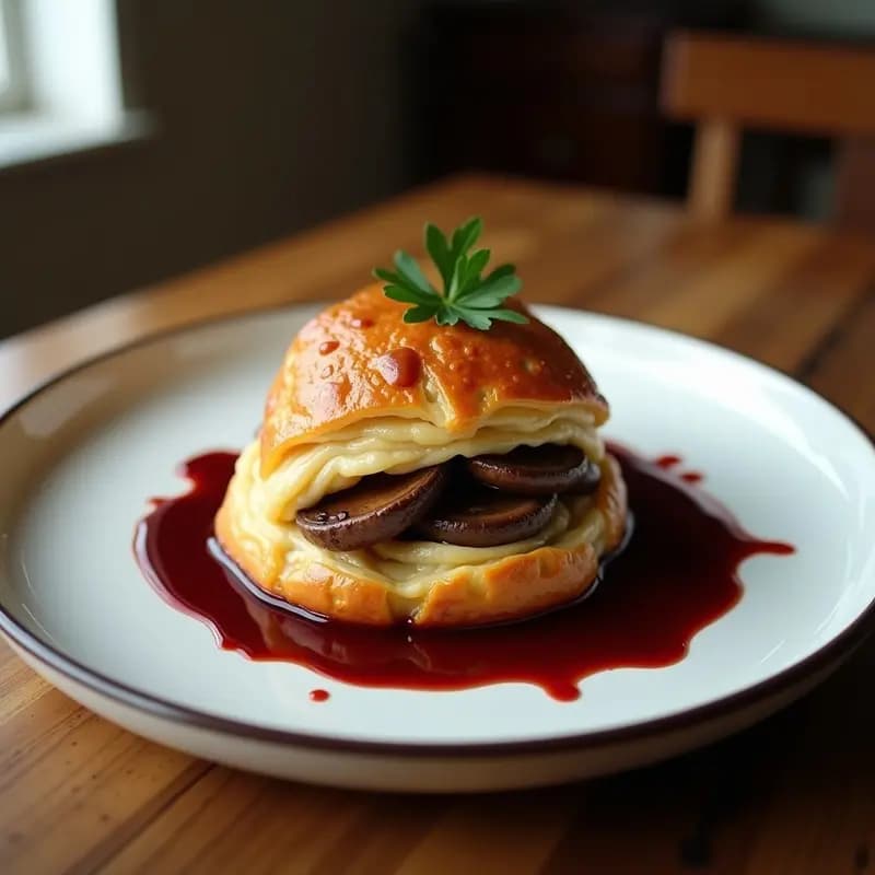 Baron de Beef Wellington vegano con champiñones Portobello envueltos en hojaldre dorado, servido en plato blanco con decoración de rúcula y salsa de vino tinto.