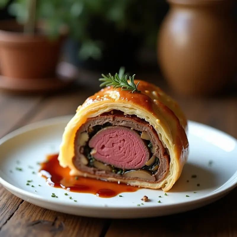 Beef Wellington con hongos y pasta de mostaza servido en rodajas gruesas sobre tabla de madera, mostrando el hojaldre dorado y crujiente, el relleno de hongos y la carne jugosa en su interior. Receta británica gourmet en 60 minutos.