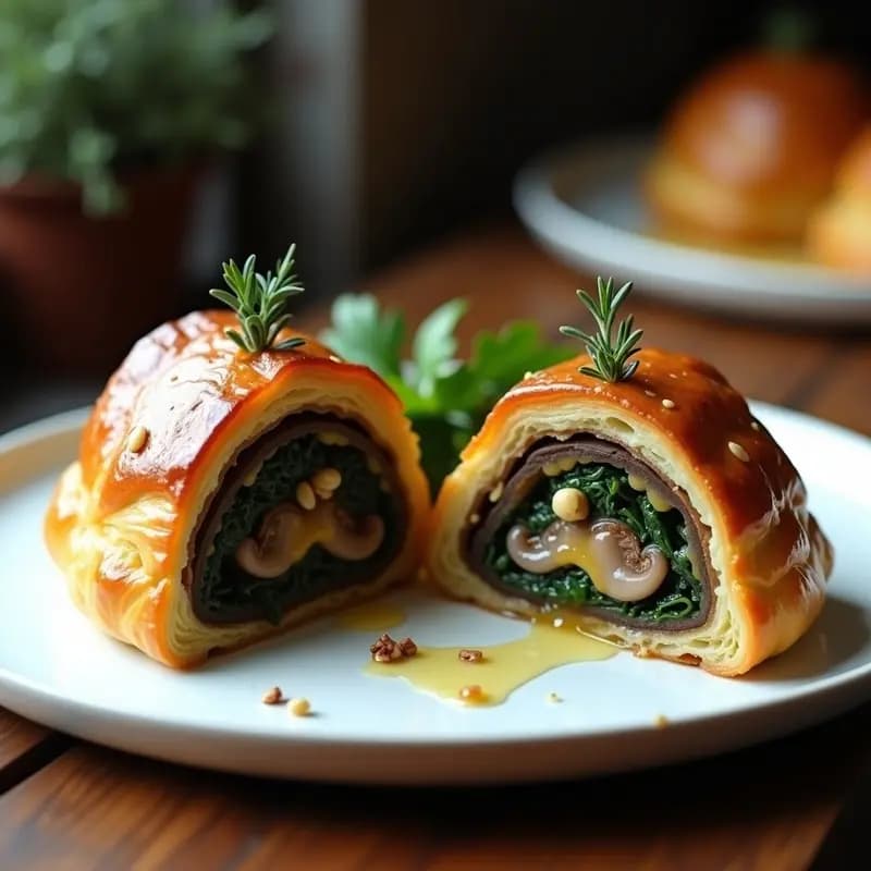 Beef Wellington vegano de champiñones Portobello cortado por la mitad, mostrando su interior relleno de espinacas y nueces, con una costra dorada y crujiente de hojaldre. Servido en un plato blanco con decoración minimalista y hierbas frescas.