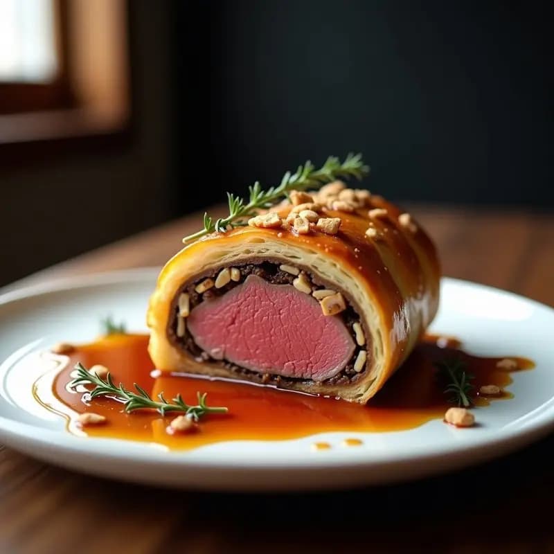 Beef Wellington con salsa de Oporto servido en plato blanco, corte en rodajas mostrando el solomillo jugoso envuelto en hojaldre dorado y relleno de champiñones shiitake, acompañado de salsa de Oporto reducida con miel de tomillo y almendras fileteadas.
