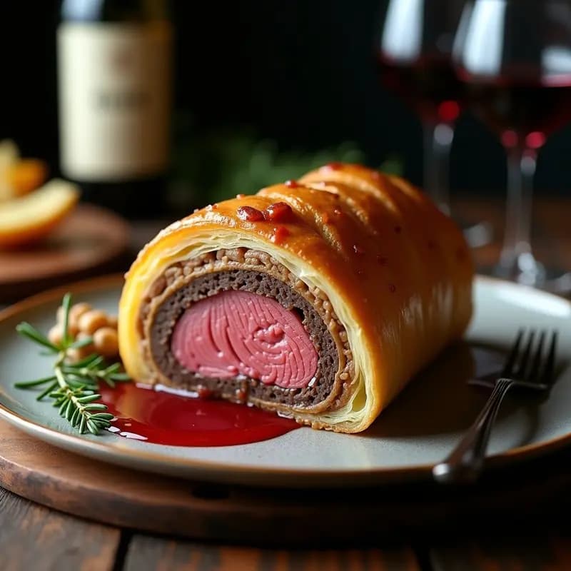 Beef Wellington sin lácteos cortado en rodajas, mostrando el solomillo de ternera jugoso envuelto en duxelles de champiñones y paté vegetal, cubierto por una masa hojaldre dorada y crujiente, servido en un plato blanco con guarnición de espárragos.