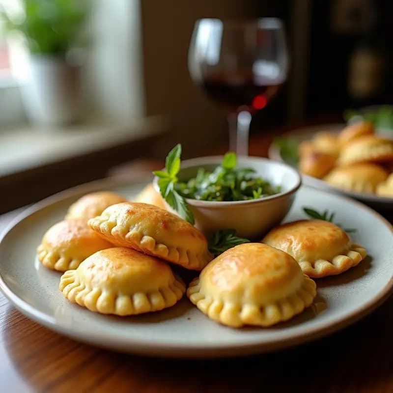 Empanadillas portuguesas doradas y crujientes llamadas Belinhas de Feijão Verde, rellenas de judías verdes y patata, servidas en un plato de cerámica blanca con perejil fresco espolvoreado.