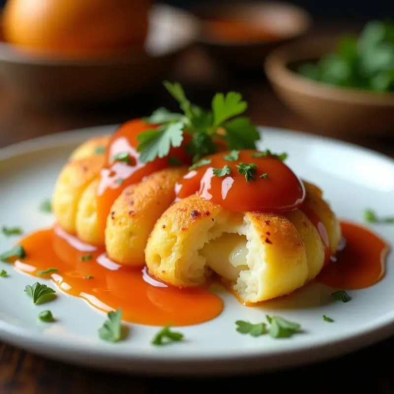 Plato rústico de madera con bemoles de yuca dorados y crujientes, rellenos de queso de búfala fundido, acompañados de una salsa espesa de guayaba de color ámbar. Decorado con hojas de cilantro fresco y rodajas de guayaba al fondo. Receta colombiana sin harina.