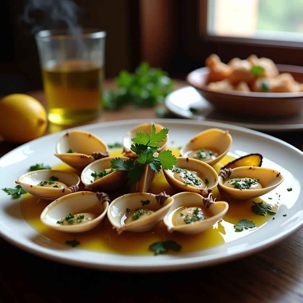 Plato rústico de berberechos a la plancha abiertos con ajo picado, perejil fresco y un hilo de aceite de oliva, receta tradicional española en 10 minutos.