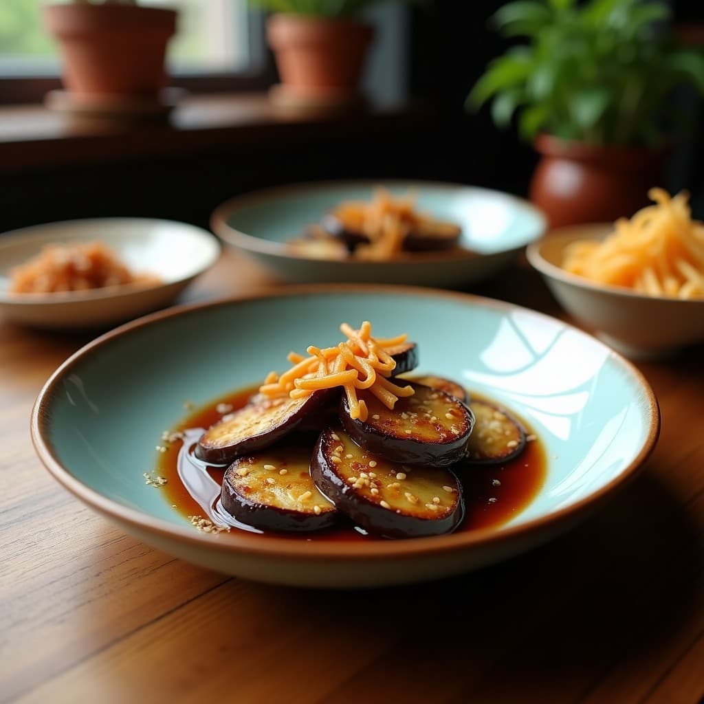 Plato blanco con berengenas asadas al miso, glaseadas con una capa brillante de salsa oscura, cubiertas de cebolla caramelizada morada y espolvoreadas con sésamo tostado dorado. Receta japonesa vegana en 20 minutos.