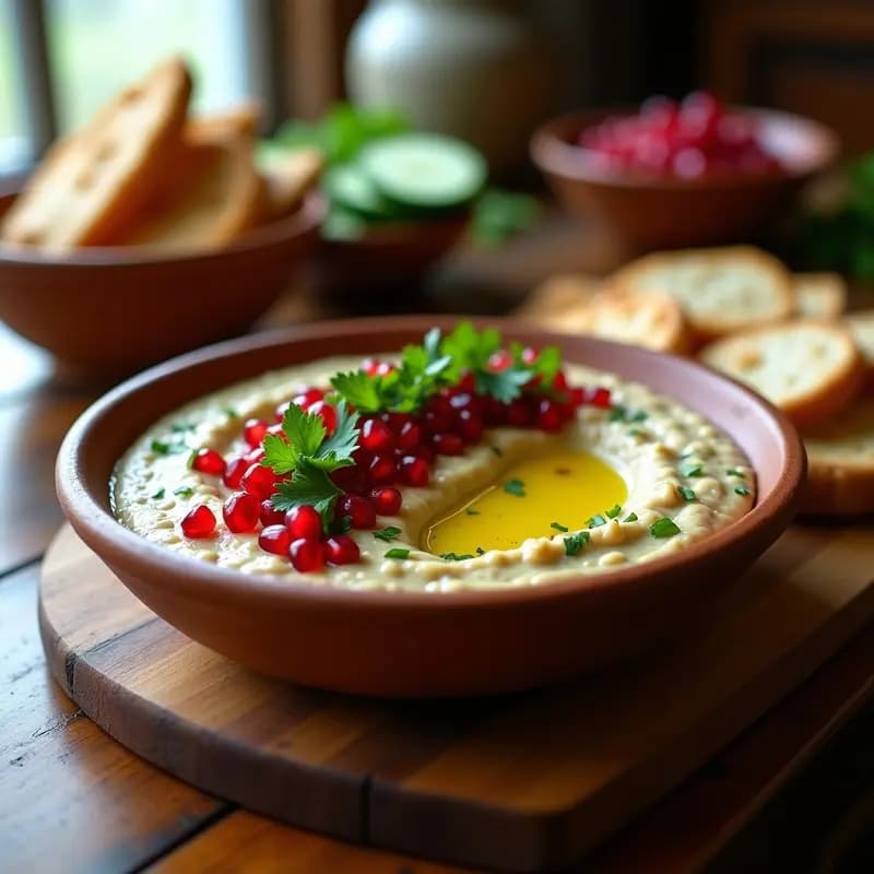 Bol de barro con babaganush vegano cremoso, decorado con semillas de granada, perejil fresco y un hilo de aceite de oliva sobre fondo rústico de madera.