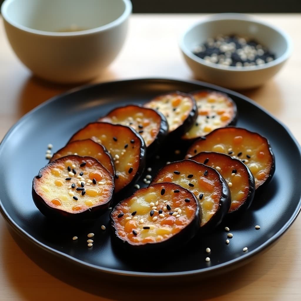 Rodajas de berenjena doradas y brillantes con glaze de miel de agave y semillas de sésamo negro y blanco, servidas en un plato de cerámica oscura. Receta japonesa de berenjenas al miso crujientes hechas en airfryer.