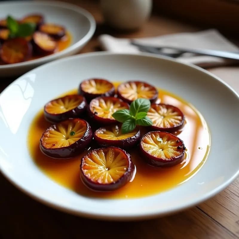 Plato blanco con berenjenas asadas doradas, bañadas en una salsa brillante de miel y vino tinto, decoradas con queso de cabra desmenuzado y almendras fileteadas tostadas.