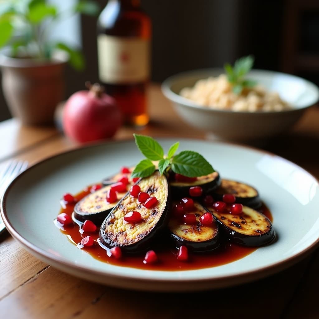 Plato blanco rústico con dos mitades de berenjena asada dorada, rellenas de salsa brillante de granada y Pedro Ximénez, decoradas con semillas de granada rojas, hojas de menta fresca y semillas de sésamo tostado. Fondo borroso con luz natural que resalta los colores vibrantes del entrante andaluz vegano y sin gluten.