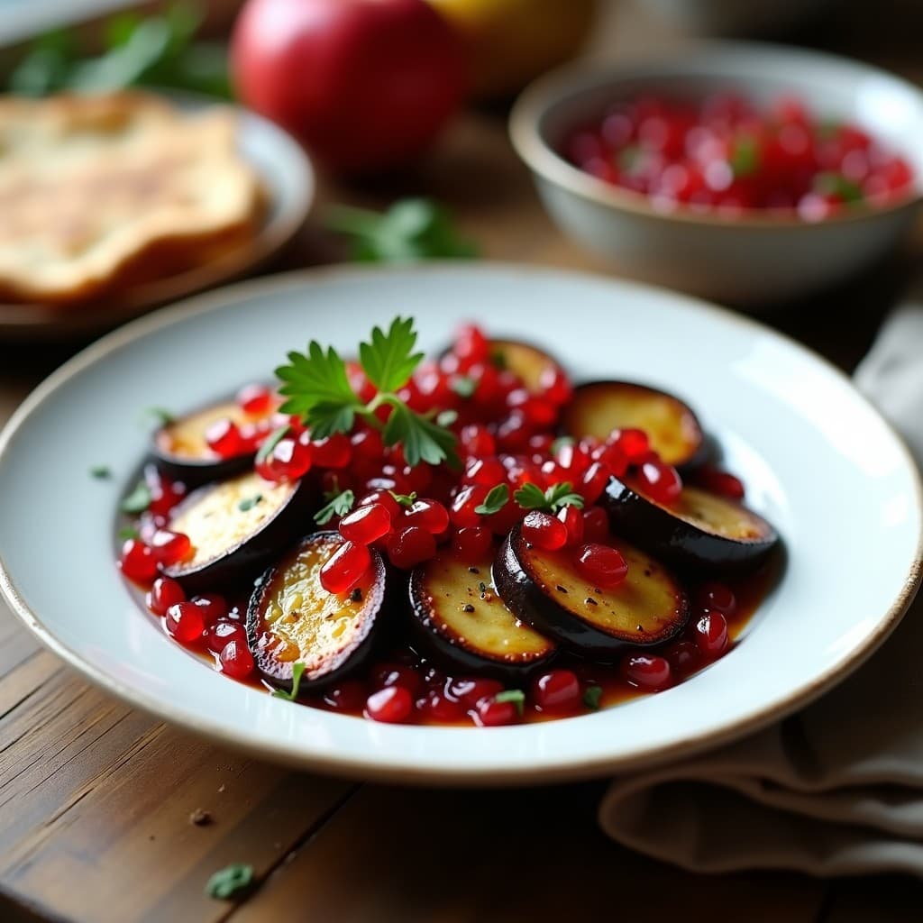 Plato blanco ovalado con berengenas asadas en rodajas doradas, cubiertas con una salsa espesa de color rojo intenso y trozos de nueces. Decorado con granos de granada fresca y perejil verde picado. Fondo rústico con pan de pita tostado.