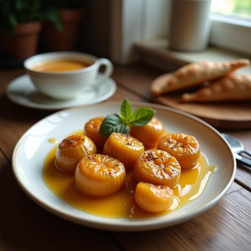 Plato blanco con berenjenas fritas doradas y crujientes, bañadas en miel de caña y espolvoreadas con canela en polvo, servidas como tapa tradicional andaluza.