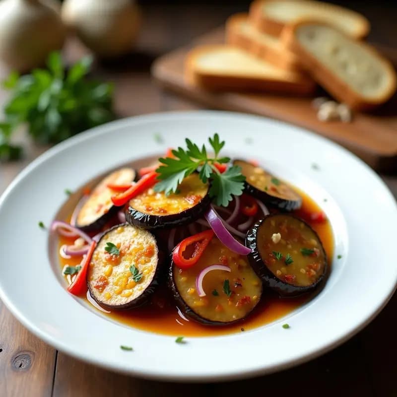 Plato blanco rústico con berenjenas en escabeche en airfryer, rodajas doradas bañadas en aceite y vinagre con trozos de cebolla morada, pimiento rojo y ajo. Decorado con perejil fresco y servido con pan tostado al fondo.