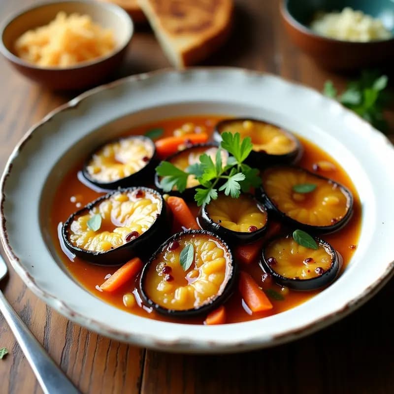 Fuente de cerámica blanca con berenjenas en escabeche andaluz sin fritura, rodajas doradas bañadas en líquido ámbar con trozos de cebolla morada, zanahoria y especias, decoradas con perejil fresco.