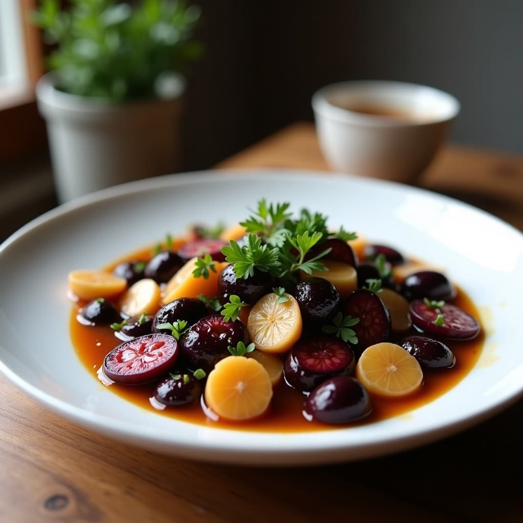 Plato blanco rústico con berenjenas en rodajas gruesas maceradas en escabeche de vinagre de arándanos, decoradas con láminas de ajo morado y arándanos secos. Fondo con hierbas frescas y aceite de oliva virgen extra.