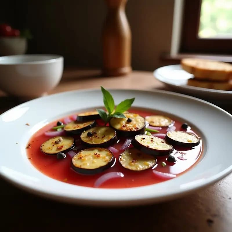 Plato de berenjenas en escabeche con vinagre de frambuesa, rodajas doradas sumergidas en líquido ámbar con trozos de cebolla morada, pimiento verde y ajos. Receta española vegana y sin azúcar.