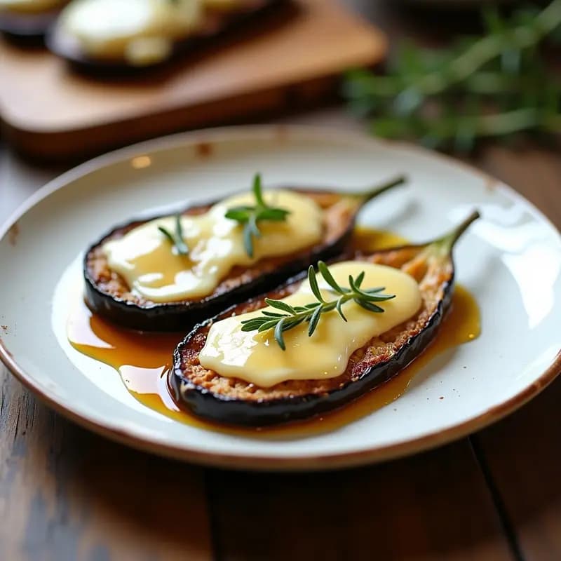 Tapa de berenjena asada con queso de cabra fundido y hilo de miel de caña, servida en plato blanco rústico con fondo de madera y romero fresco.