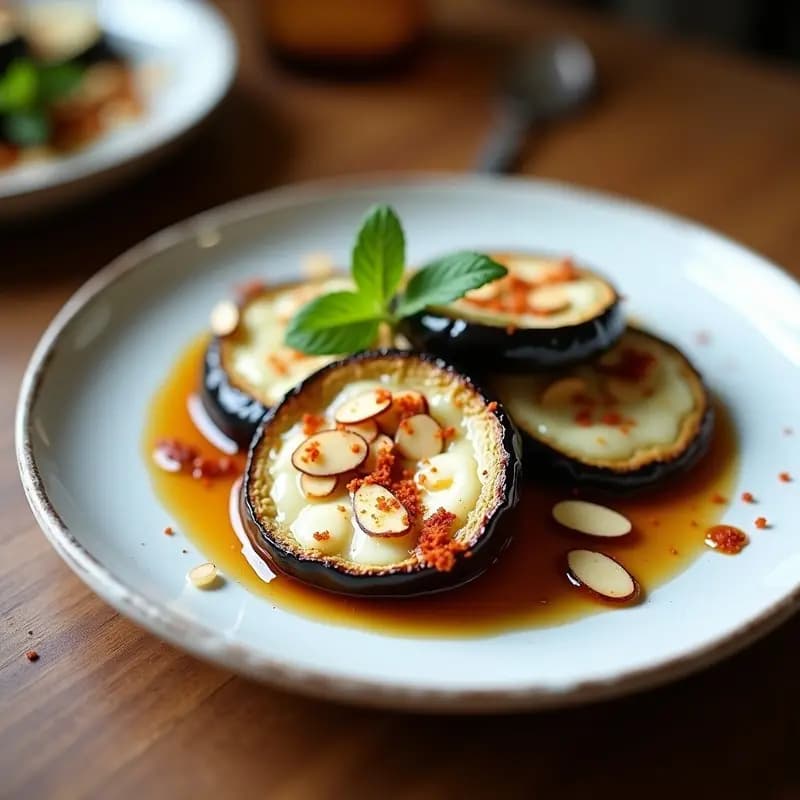 Plato blanco rústico con rodajas de berenjena asadas, queso de cabra gratinado y miel de cañamiel brillante, decorado con almendras fileteadas y pimentón, entrante dulce-salado típico de Granada.