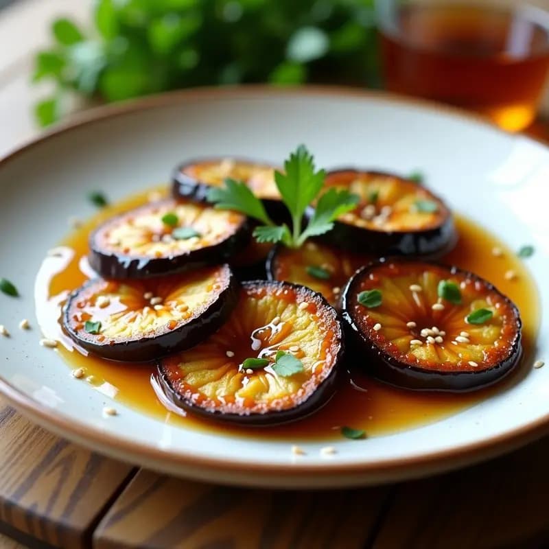 Plato blanco rústico con rodajas de berenjenas doradas y crujientes, bañadas en miel de caña oscura, espolvoreadas con perejil fresco y semillas de sésamo. Tapa andaluza dulce-salada lista para servir, con fondo de madera clara y detalles de cocina tradicional.