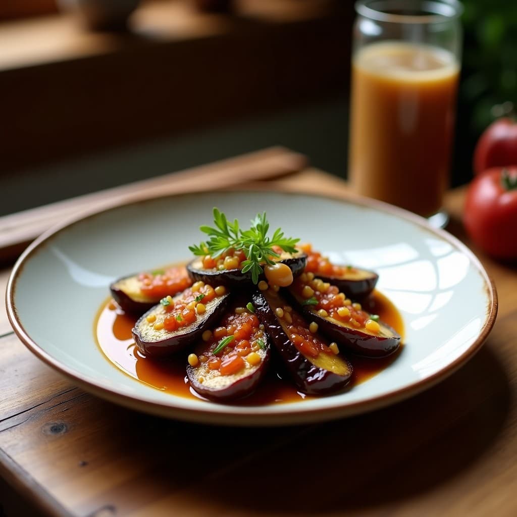 Rodajas doradas de berenjenas al miso y miel en airfryer, con glaseado brillante y semillas de sésamo blanco, servidas en plato negro sobre fondo de madera oscura.