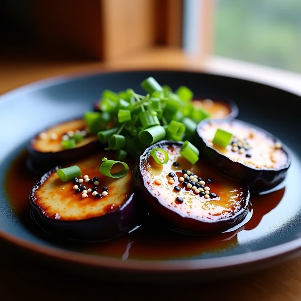 Rodajas de berenjena doradas y brillantes en un plato blanco, cubiertas con glaseado teriyaki espeso, sésamo blanco y negro, y cebollino picado. Fondo con textura de madera y utensilios de cocina japoneses.