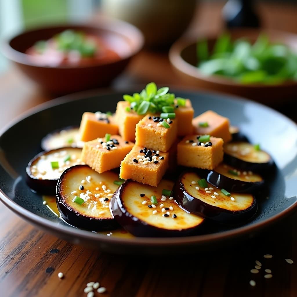 Plato de cerámica negra con berenjenas asadas glaseadas en salsa de miso y sésamo, tofu dorado crujiente por fuera y semillas de sésamo negro y blanco espolvoreadas. Entrante japonés en airfryer sin gluten, servido con cebollino fresco.