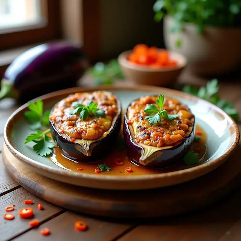 Berenjenas rellenas de carnes brutas en airfryer, doradas y jugosas, servidas en plato de barro con perejil fresco y fondo rústico.