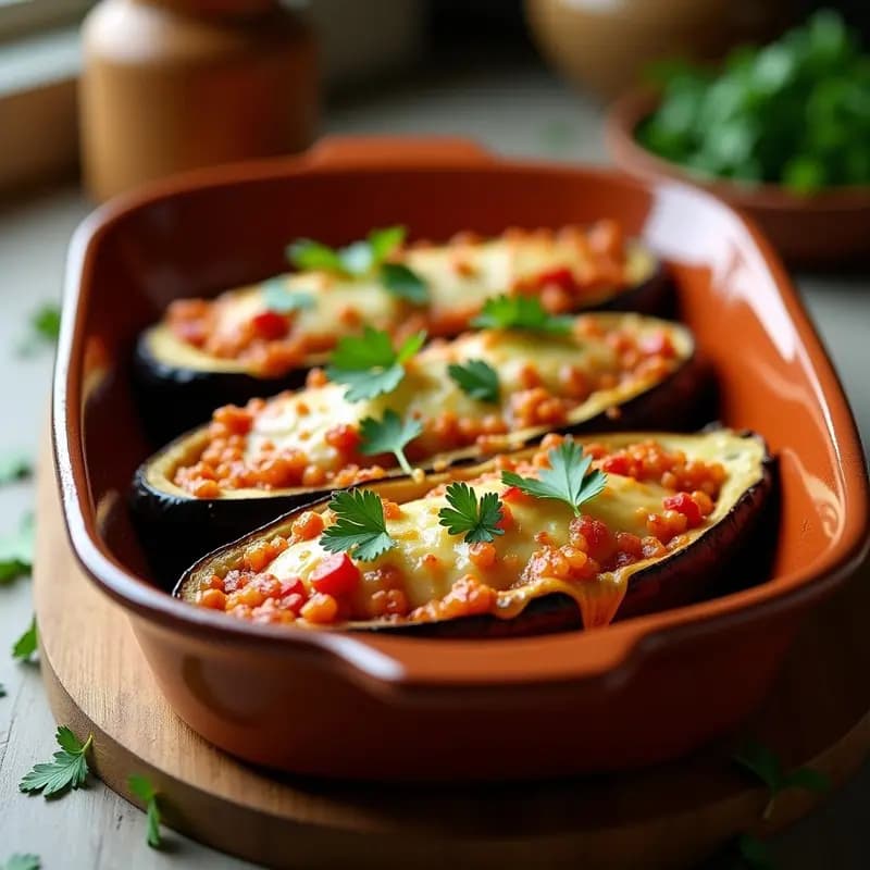 Berenjenas rellenas de pollo y tomate gratinadas al horno, con queso derretido y perejil fresco, servidas en una fuente de cerámica blanca sobre una mesa rústica.