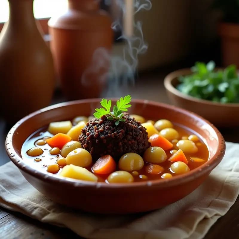 Plato hondo de barro con Berza Andaluz con Pringá, garbanzos tiernos, papas, zanahorias y repollo bañados en un caldo dorado. En el centro, un montículo de pringá oscura con trozos de huevo duro y pan. Ambiente rústico de cocina tradicional.