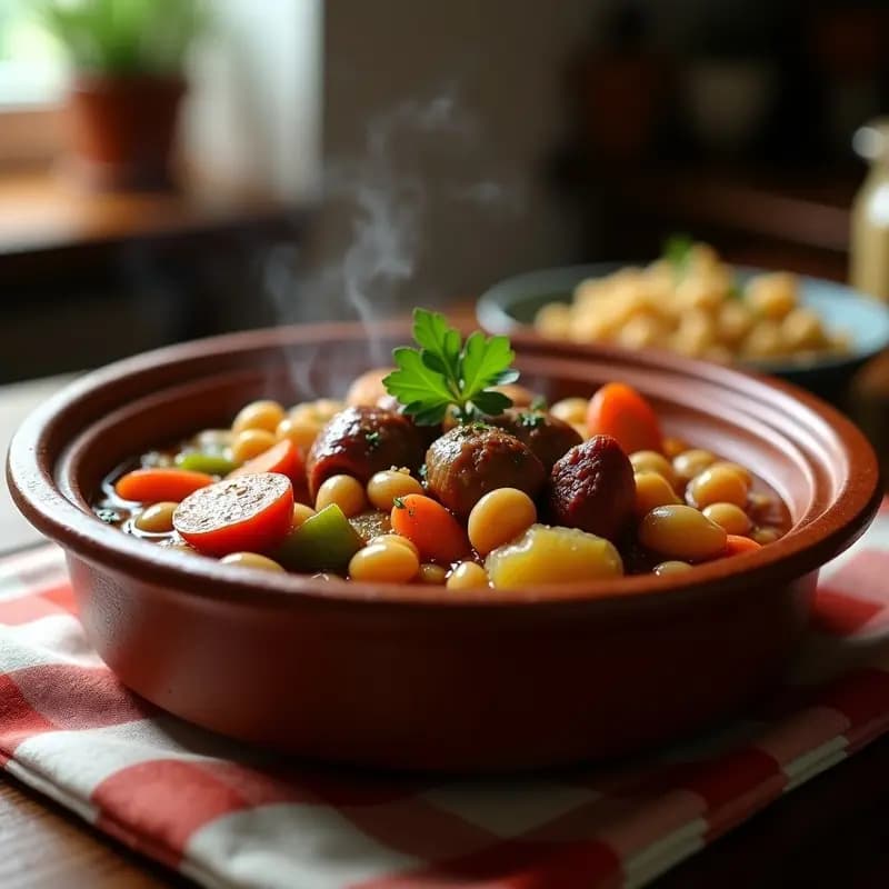 Olla de barro humeante con berza andaluza tradicional: garbanzos, costillas de cerdo, morcilla, chorizo, patatas, zanahorias y repollo, adornada con hierbabuena fresca.