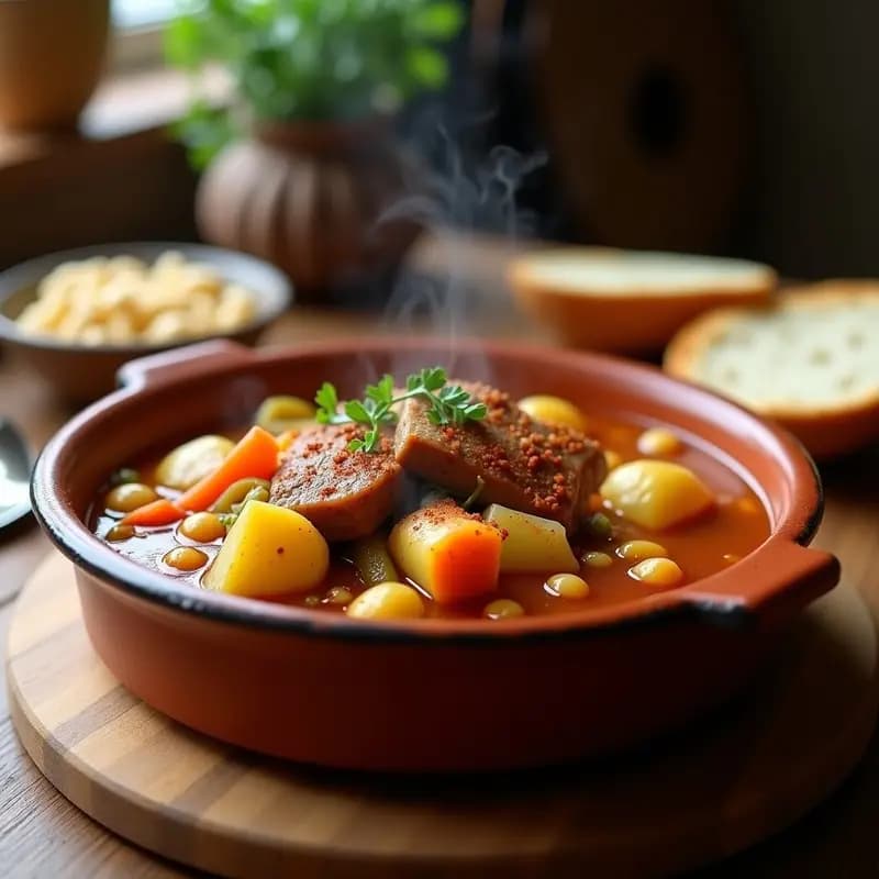 Plato hondo de barro con berza andaluza humeante, costillas de cerdo doradas, trozos de repollo verde, garbanzos y patatas, servida en una mesa rústica de madera con pan al lado.