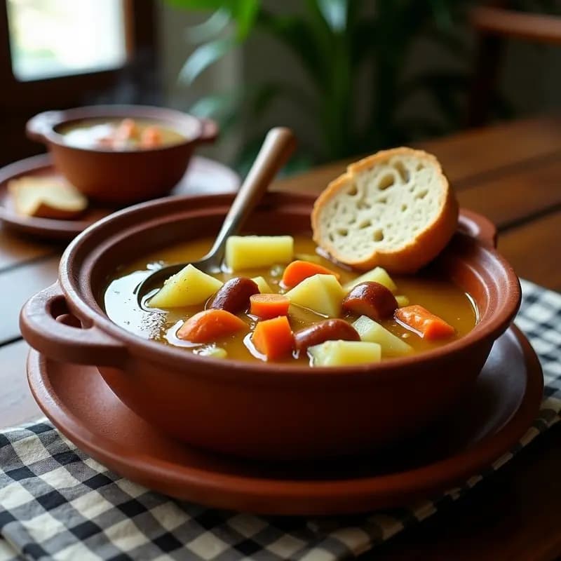 Olla de barro humeante con berza andaluza: garbanzos, repollo, patatas y pringá en un caldo espeso y dorado. Plato tradicional español servido en cuenco rústico con pan.