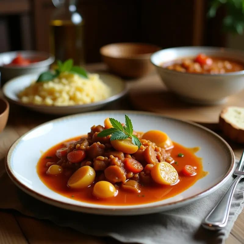 Plato hondo de barro con berza andaluza con pringá, garbanzos, patatas, zanahoria y trozos de morcilla y chorizo, servido con caldo espeso y aceitoso, típico cocido tradicional español en olla exprés.