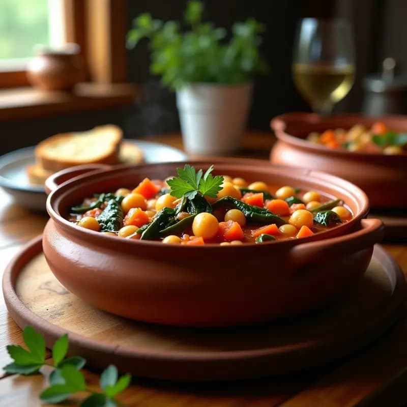 Olla de barro humeante con berza andaluza vegana, un guiso espeso de garbanzos, patatas, espinacas y verduras, decorado con perejil fresco. Plato tradicional sevillano adaptado a versión vegana.