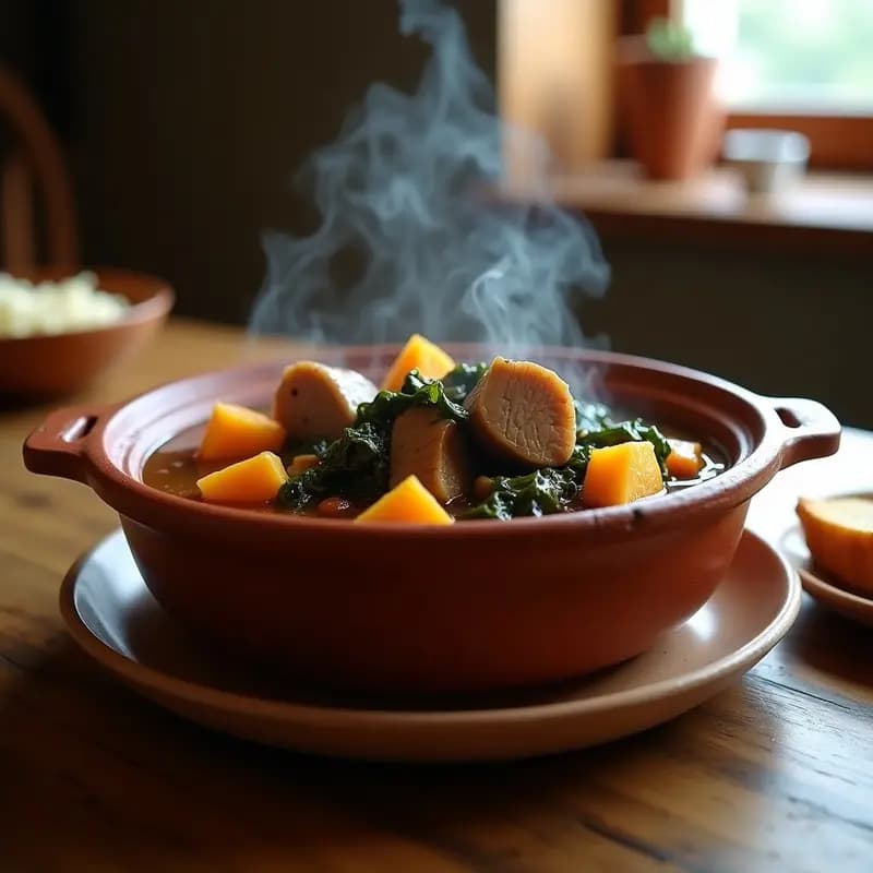 Cazuela de barro humeante con Berza Canaria con Costilla y Batatas, mostrando trozos tiernos de costilla, batatas doradas y berza verde, servida en un plato rústico de barro con fondo de madera.