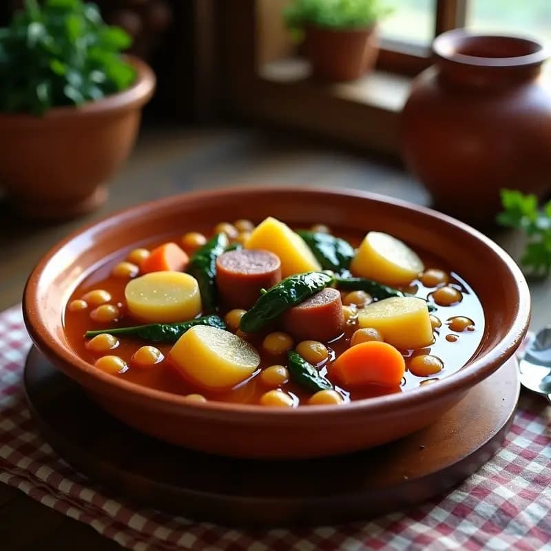 Olla de barro humeante con berza gaditana: garbanzos dorados, morcillas de cebolla enteras, patatas, zanahorias y espinacas en un caldo espeso y aromático, servida en cuenco de cerámica rústica con pan al lado.