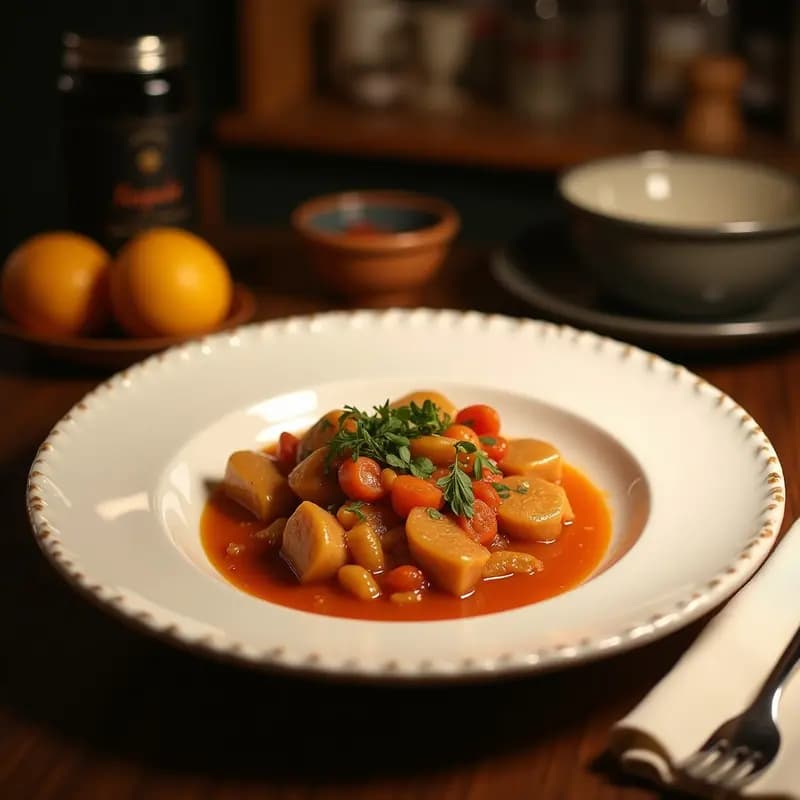 Olla de barro humeante con berza madrileña: garbanzos, trozos de repollo, patatas, zanahorias, morcillo, chorizo y tocino en un caldo dorado y espeso, servida en plato hondo rústico.