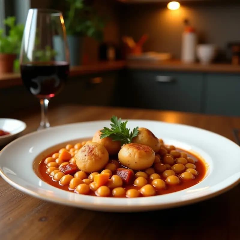 Plato hondo de barro con berza madrileña espesa, garbanzos tiernos, trozos de repollo, zanahoria y patata, acompañada de rodajas de morcilla de cebolla. Receta tradicional de cocido desmontado en un solo plato.