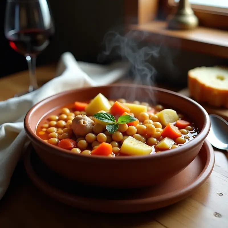 Plato hondo de barro con berza madrileña humeante, garbanzos dorados, trozos de oreja de cerdo, patatas, zanahoria y repollo, servida en una mesa rústica con pan y un chorrito de aceite de oliva.