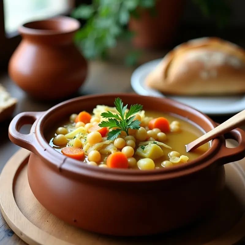 Cazuela de barro humeante con Berza Madrileña de garbanzos y verduras, repollo verde troceado, patatas, zanahorias y caldo espeso, servida en cuenco hondo con cuchara de madera. Plato tradicional español reconfortante.