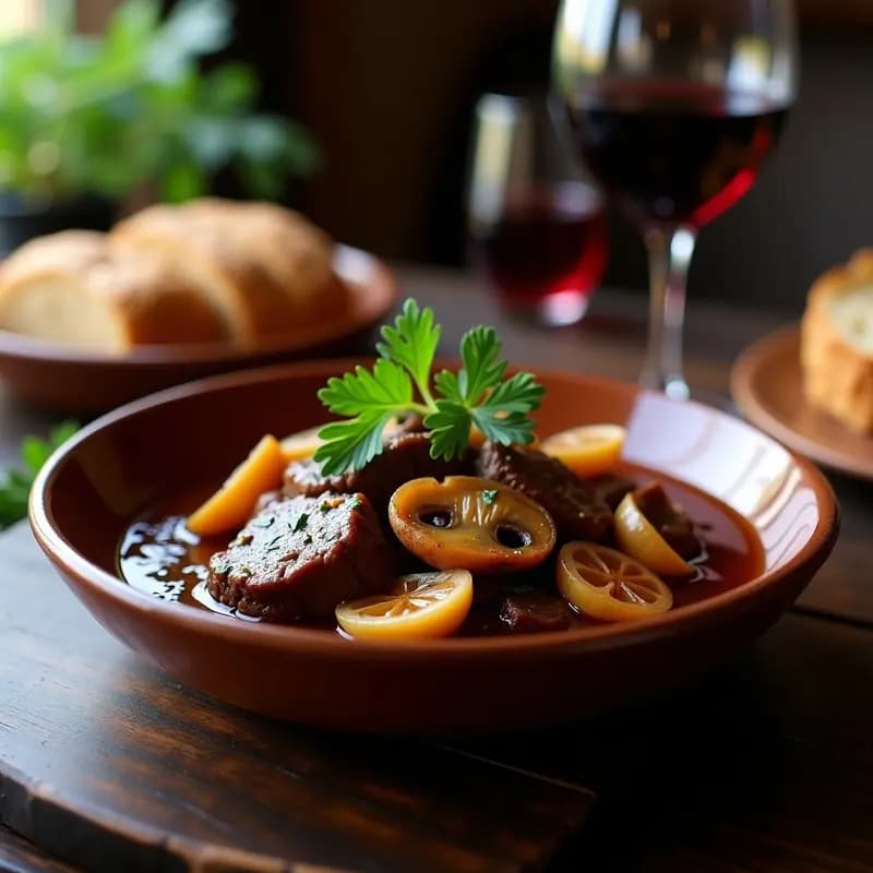 Plato hondo de barro con bestseller de ternera en trozos jugosos bañados en salsa de Oporto oscura y brillante, acompañados de setas portobello doradas y perejil fresco. Fondos borrosos de una mesa rústica portuguesa con copas de vino tinto y pan tostado.